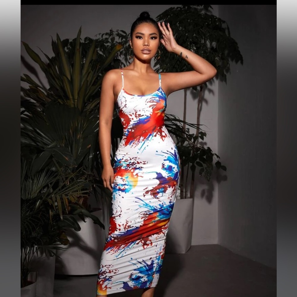 Splash Ink Print Crisscross Backless Bodycon Dress